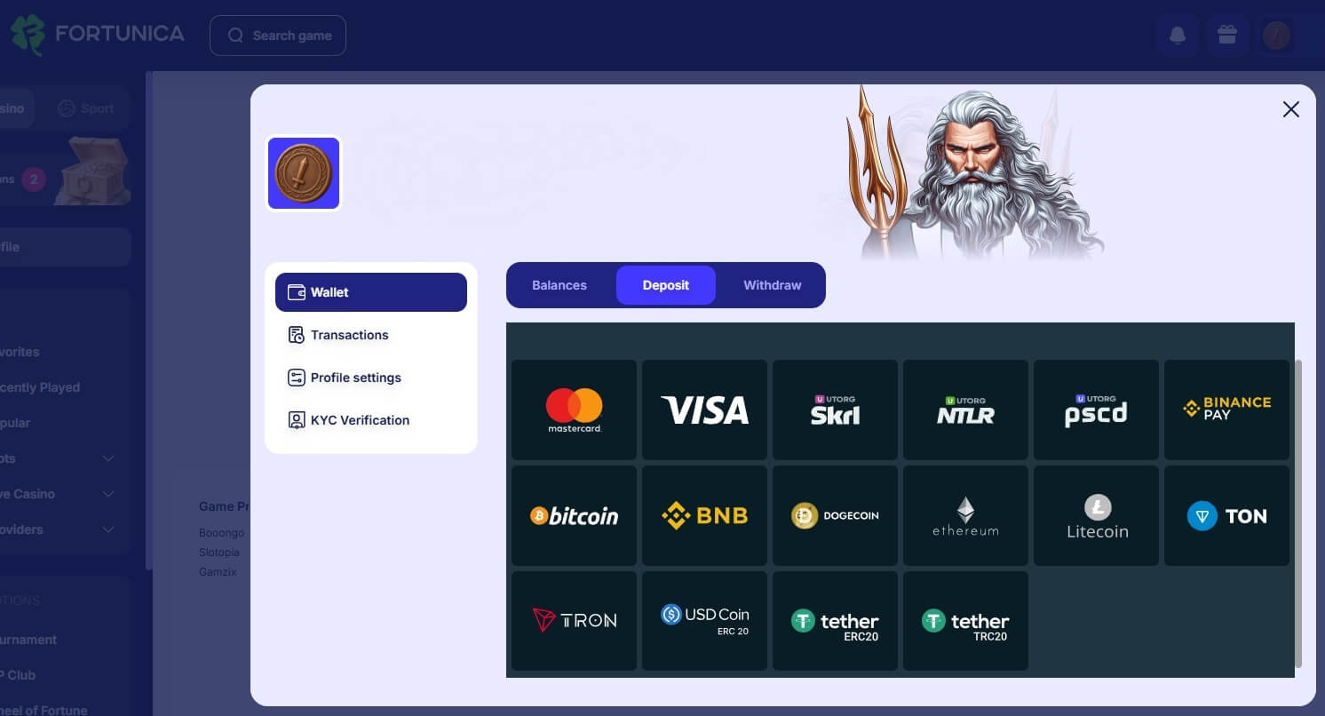 Fortunica casino proposes 11 crypto payments: Bitcoin, Dogecoin, Ethereum, Litecoin, Tether etc.