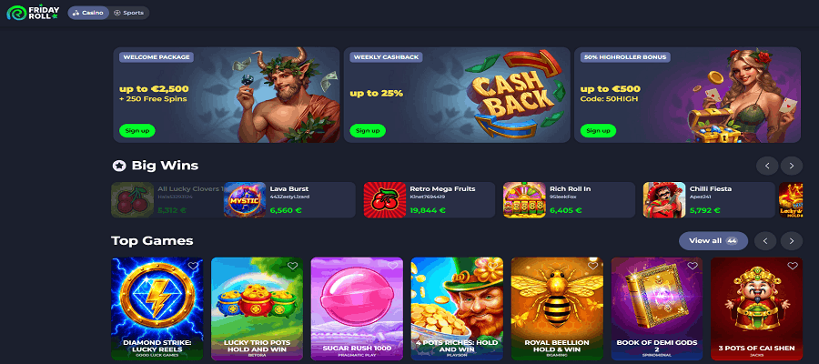 FridayRoll Casino: various bonuses including 100 no deposit free spins